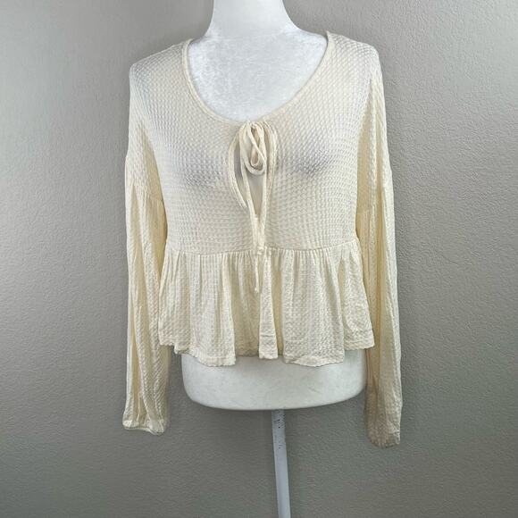 Lush Cream Waffle Knit Tie Front Peplum Babydoll Top Oversized Small/Medium NWT - Picture 12 of 13